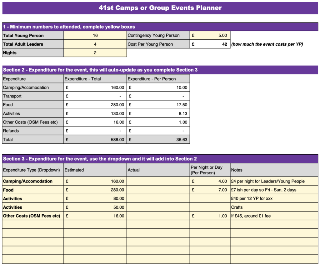 41st Camps or Group Events Planner Example
